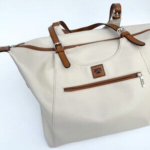 Roots Belt Buckle Double Handle Satchel Brown and Cream– Like New (Faux Leather)